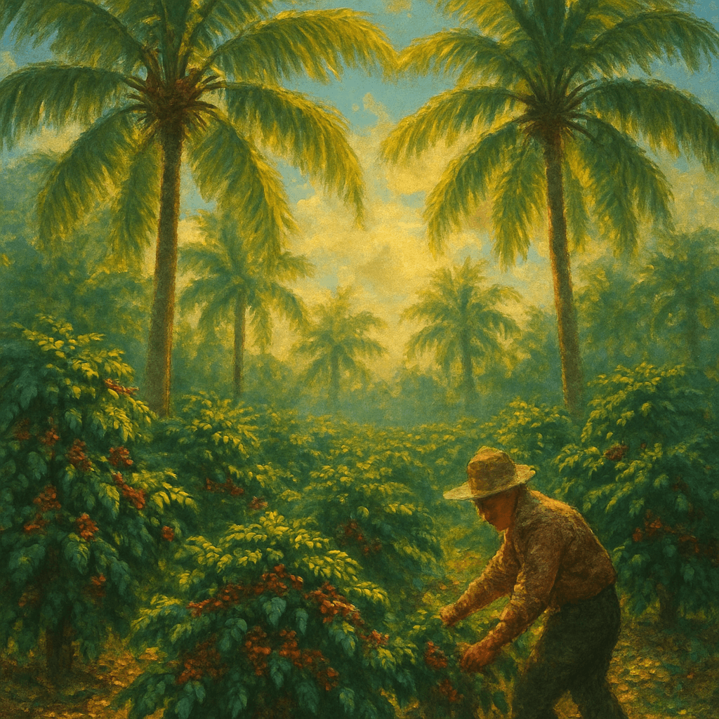 Image of lush coffee plants growing beneath tall coconut trees in Quezon Province, Philippines.